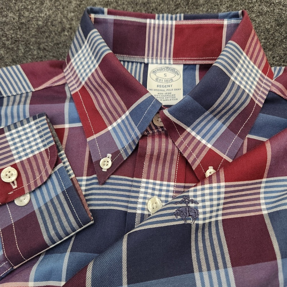 Brooks Brothers 1818 Mens Small Blue Red Plaid Regent Button Shirt Logo Non Iron